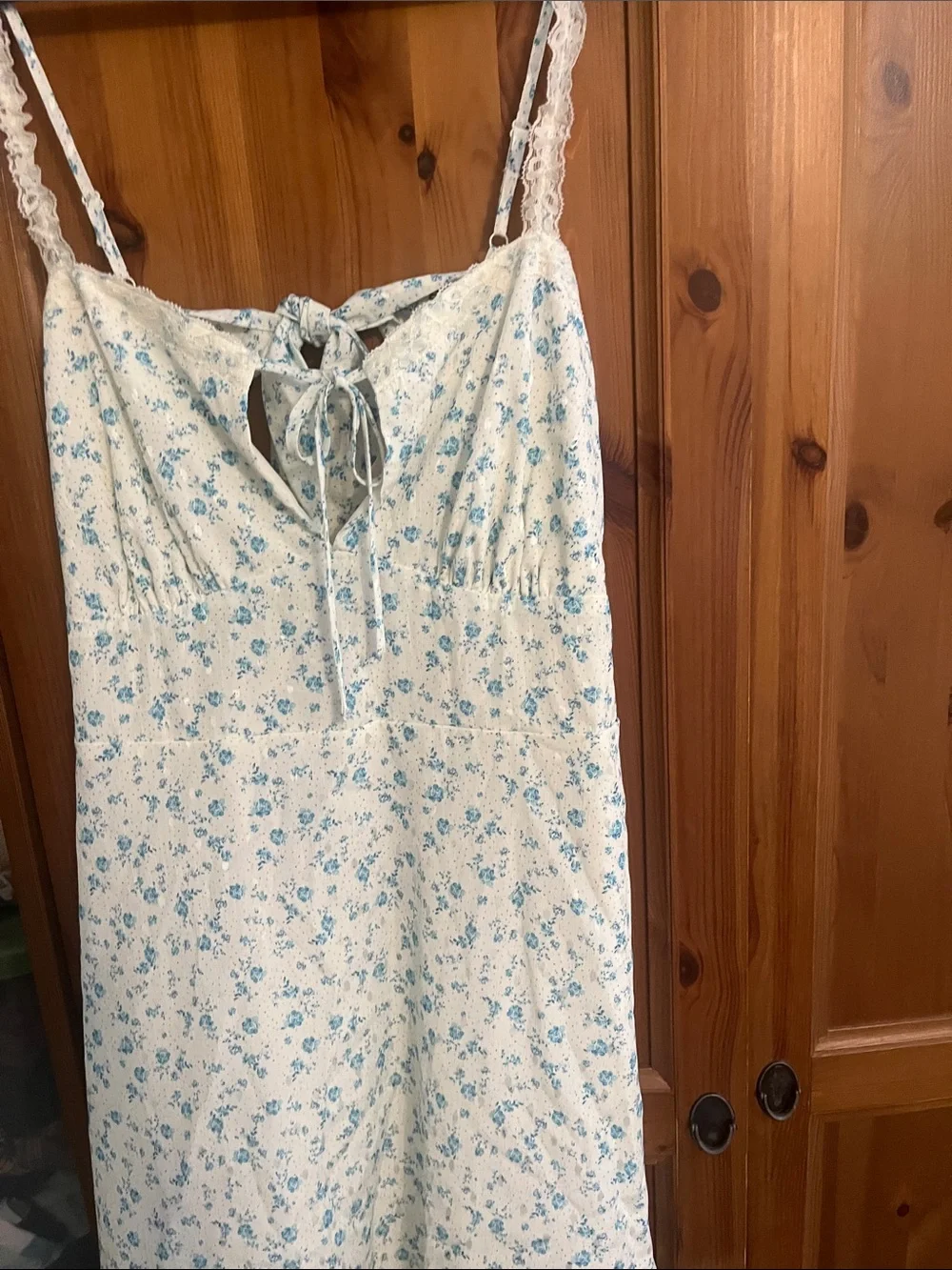 No Boundaries Cream Mini Dress with Blue Floral Print and Lace Straps